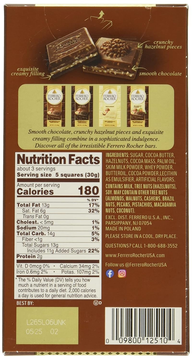 image:imageFerrero Rocher Milk chocolate bars Cocoa Hazelnut Filling 8 CtMilk Chocolate Hazelnut