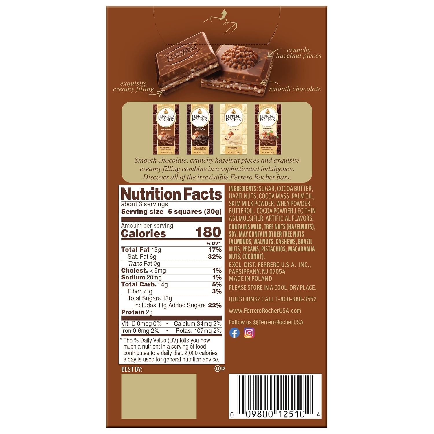 image:imageFerrero Rocher Milk chocolate bars Cocoa Hazelnut Filling 8 CtMilk Chocolate Hazelnut