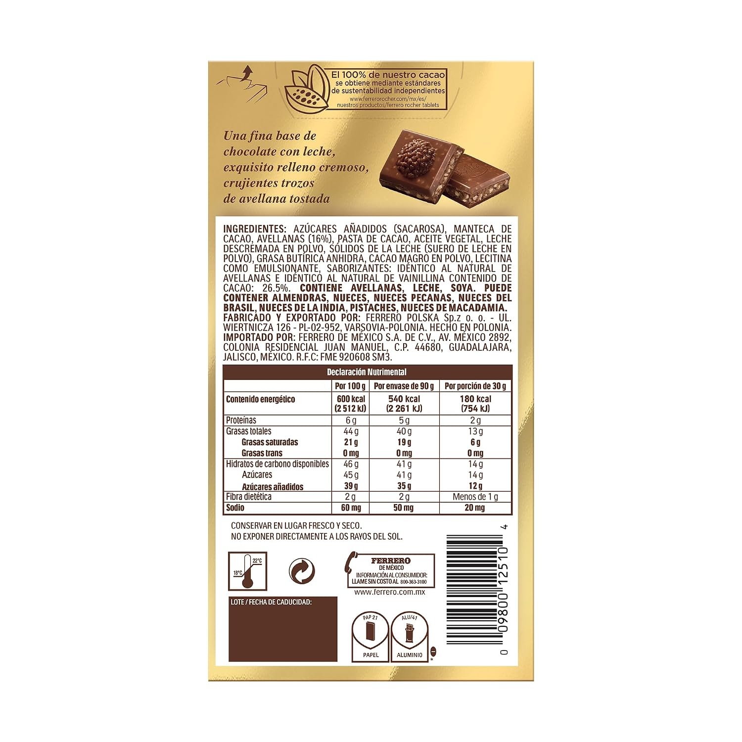 image:imageFerrero Rocher Milk chocolate bars Cocoa Hazelnut Filling 8 CtMilk Chocolate Hazelnut