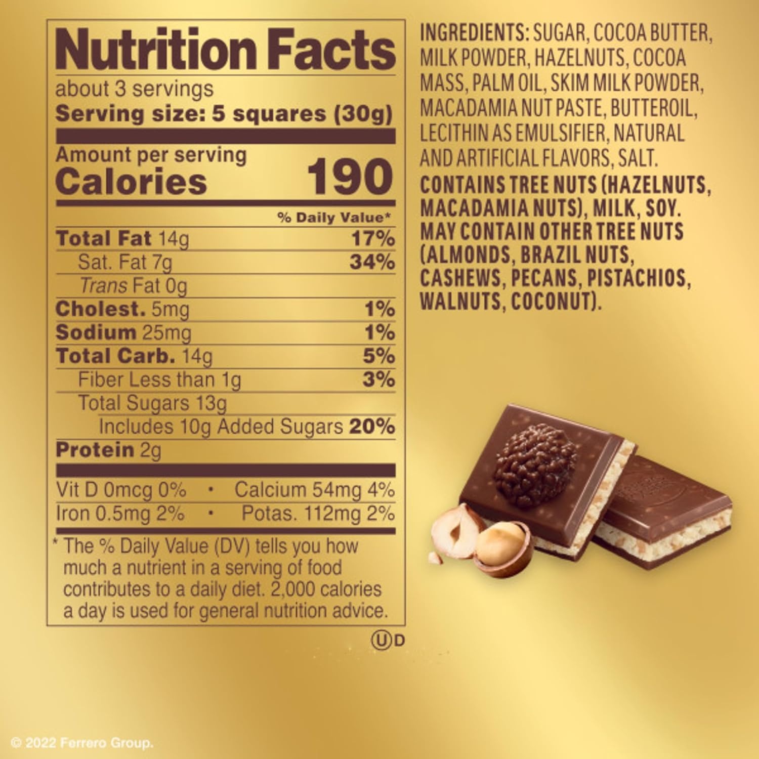 image:imageFerrero Rocher Milk chocolate bars Hazelnut Macadamia Filling 8 Ct31 Ounce Pack of 8