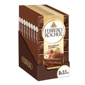 Ferrero Rocher Milk chocolate bars, Cocoa Hazelnut Filling, 8 Ct(Milk Chocolate)